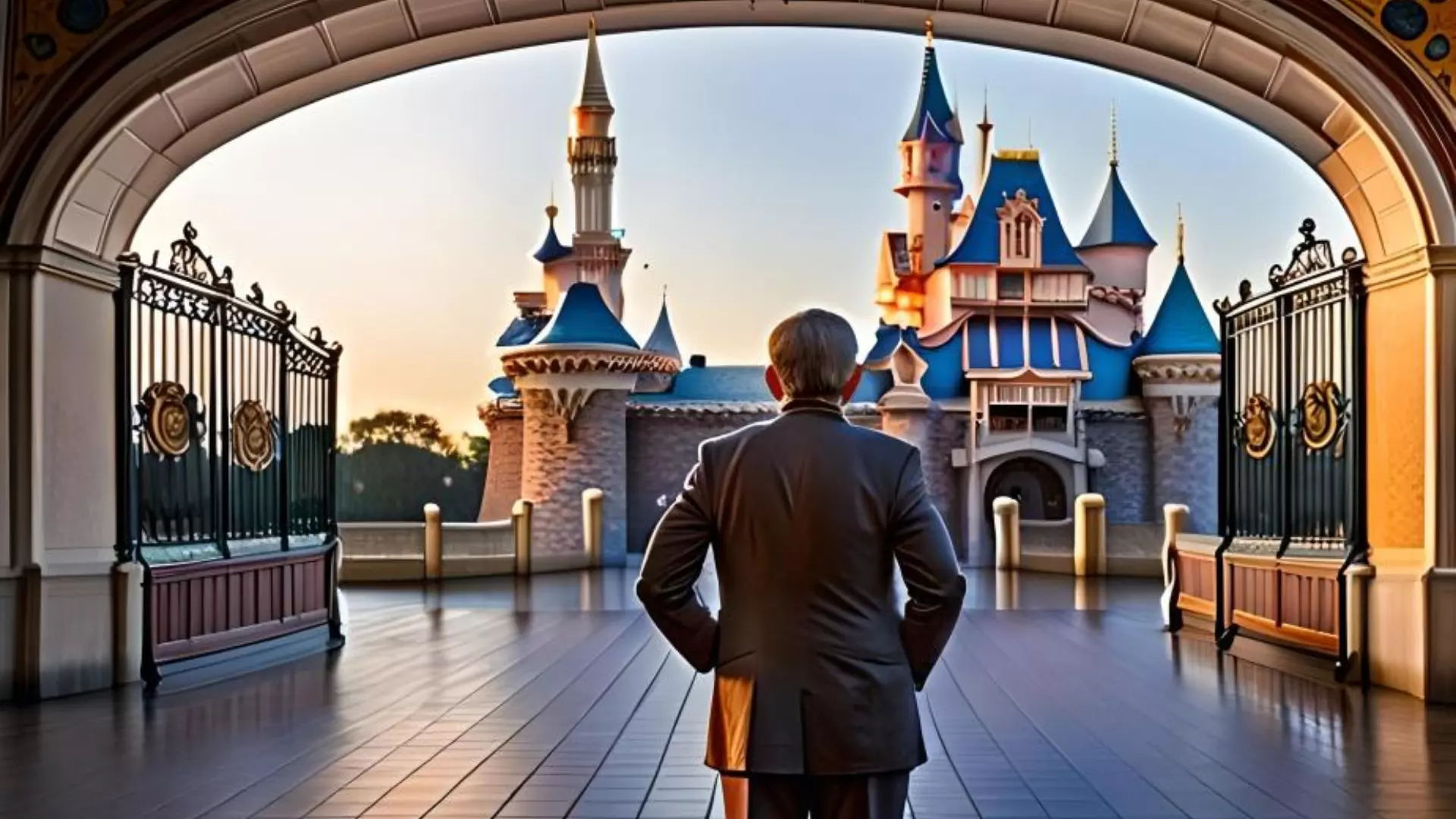 Walt Disney, triste, face à Disneyland, allégorie - Image générée par IA